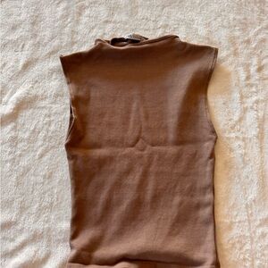 Zara Brown Ribbed Tank Top with Mandarin Collar